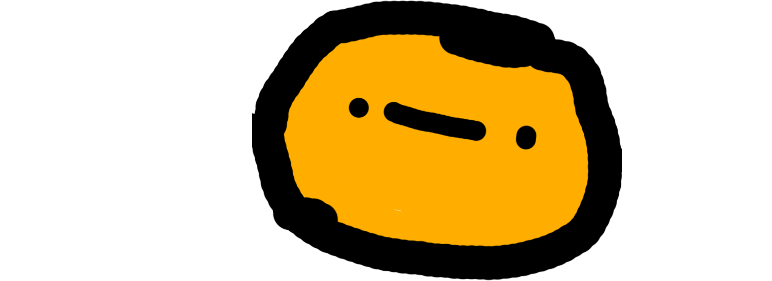 Dibujo de una patata naranja con contorno negro, ojos de punto y brazos de línea.